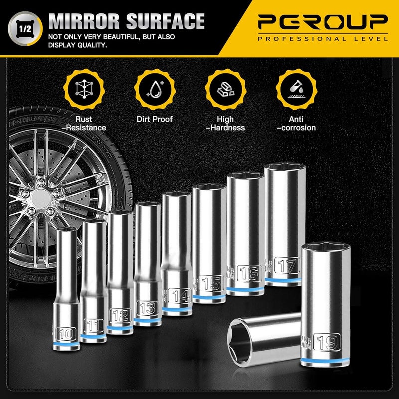 pgroup 10PCS 1/2” Drive Deep Socket Set, Metric (10mm-19mm), 6-Point, Cr-V Steel, Chrome Plated Socket With Hanging Bracket, Cover Most Commonly Sizes - Image 4